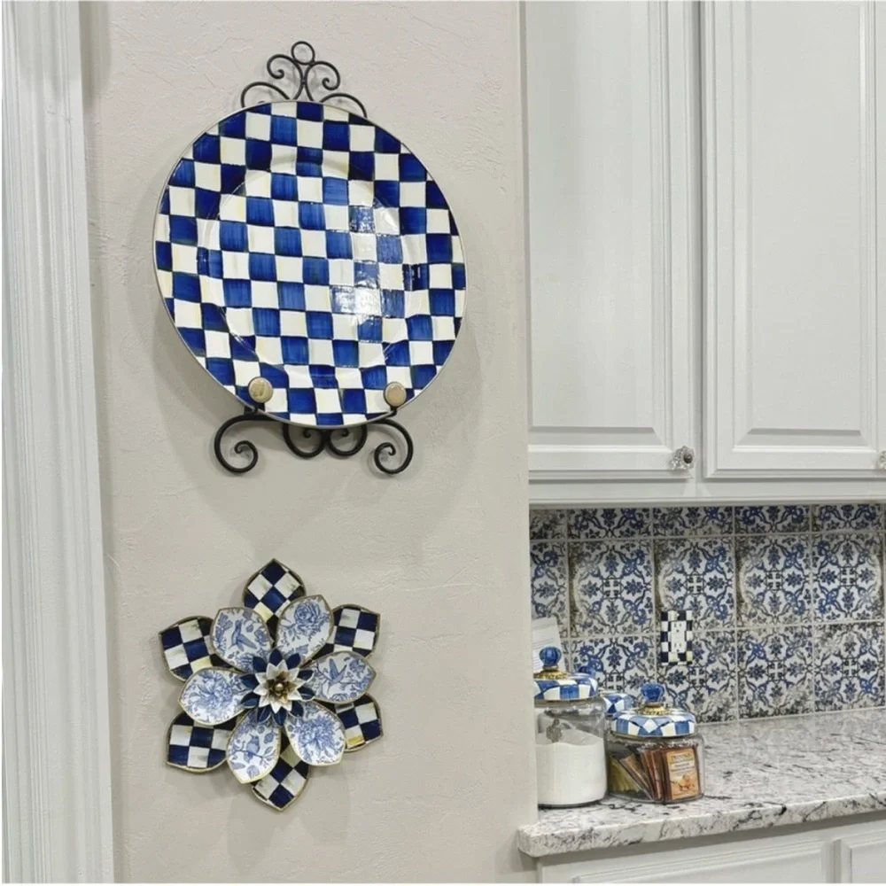 Hand Crafted Royal Check and Hummingbird Metal Wall Decor Blue White 13”